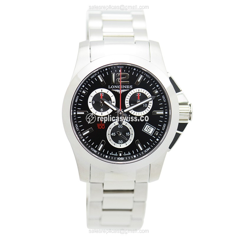 Longines CONQUEST Quartz Replica - Black Dial - Steel Case - Silver Steel Strap - Sapphire Crystal - View 2