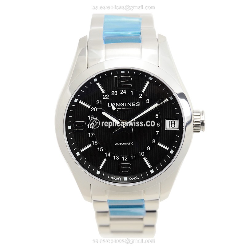 Longines CONQUEST Replica - Automatic - Black Dial - Steel Case - Silver Band - View 2