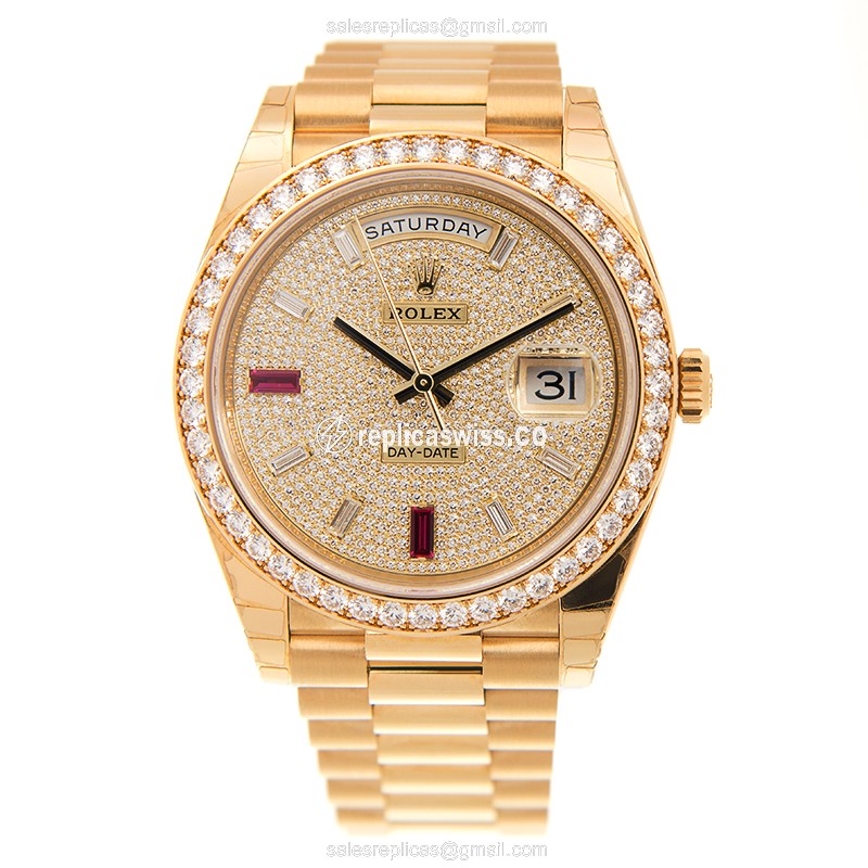 Rolex DAY-DATE Replica | Automatic | 18kt Gold Case, Diamond Bezel | Silver Dial - View 2