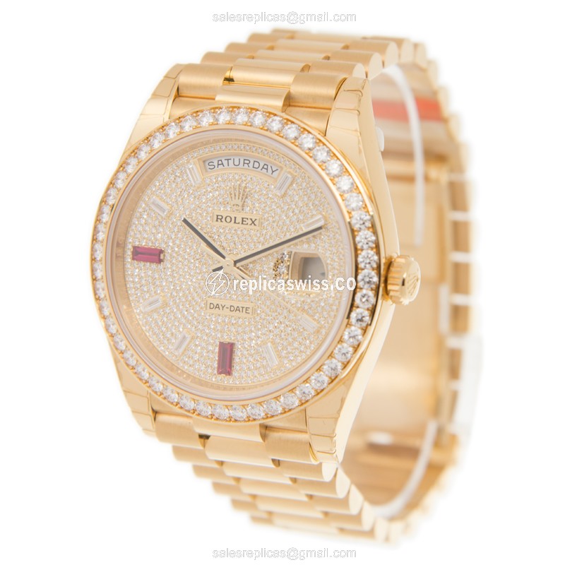 Rolex DAY-DATE Replica | Automatic | 18kt Gold Case, Diamond Bezel | Silver Dial - View 3