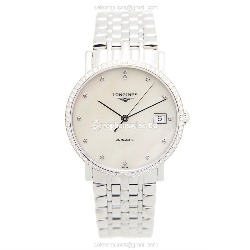 Longines Elegant Replica - Automatic - White Dial - Steel Case & Diamonds - Silver Strap - View 2