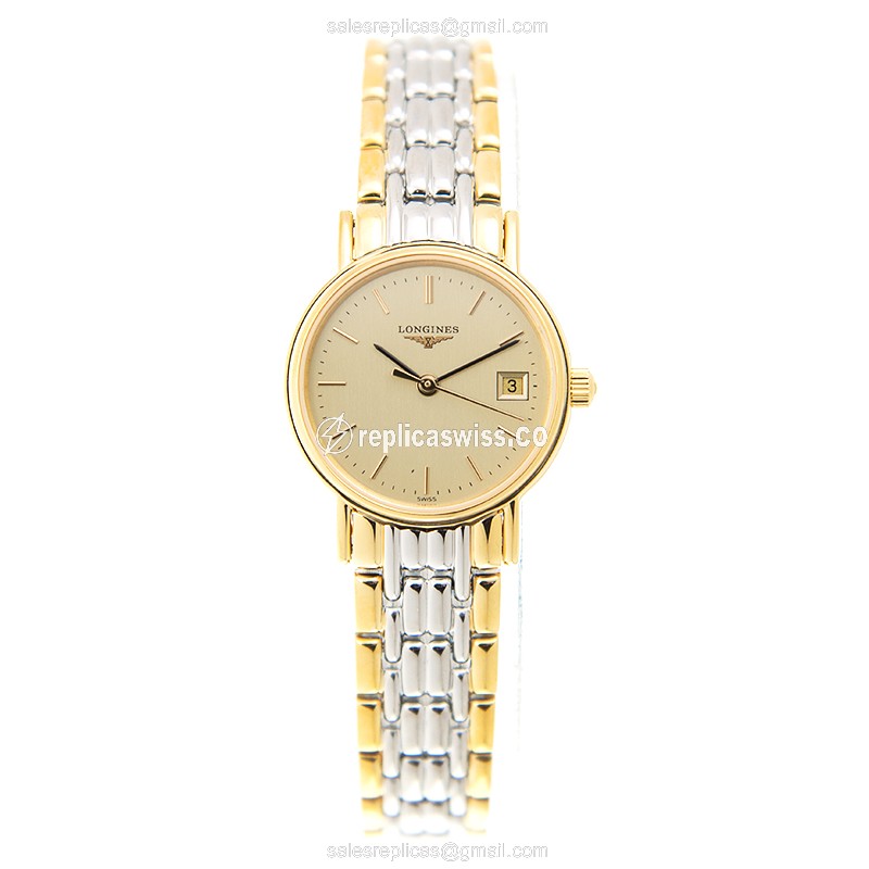 Longines Presence Replica: Gold-Plated Case - Quartz Movement - Gold Dial on Steel Strap - View 2