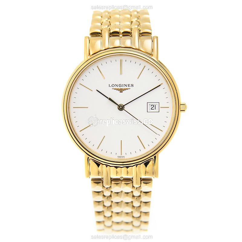 Longines Presence Quartz Gold-Plated Steel - White Dial Gold Strap Clasp - View 2
