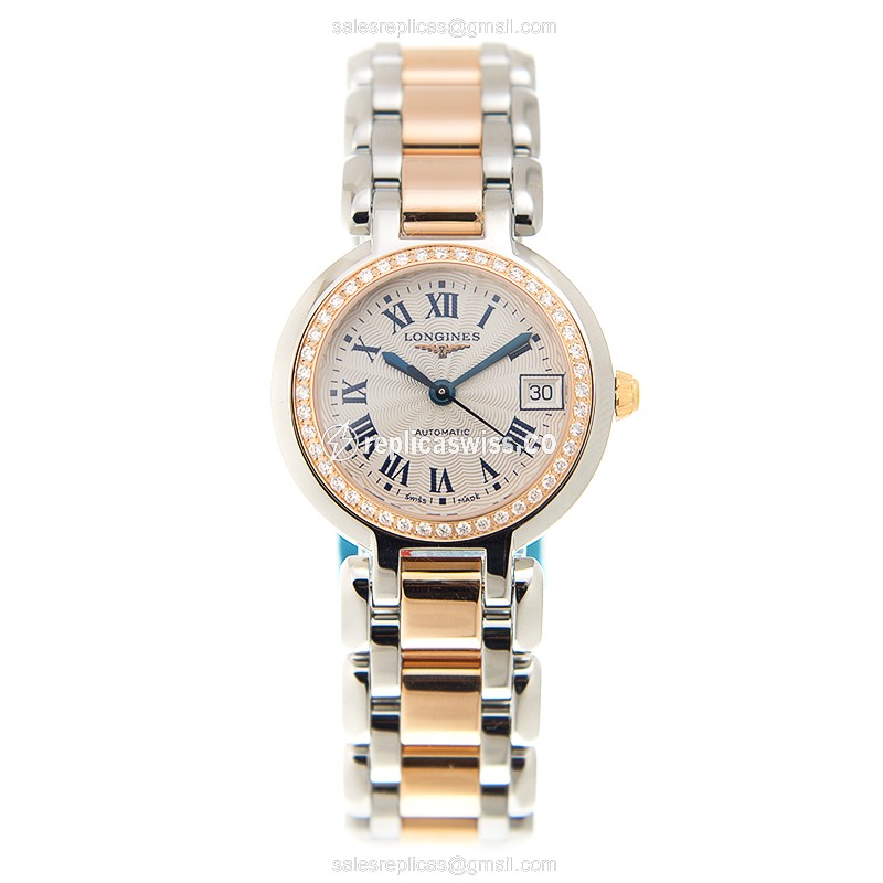 Longines Prima Luna Replica - Automatic - 18kt Rose Case - White Dial - Gold Clasp & Steel Strap - View 2