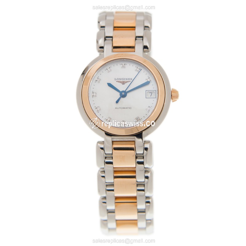 Longines Prima Luna Replica - Automatic - White Dial, 18kt Rose & Steel Case, Silver Clasp - View 2
