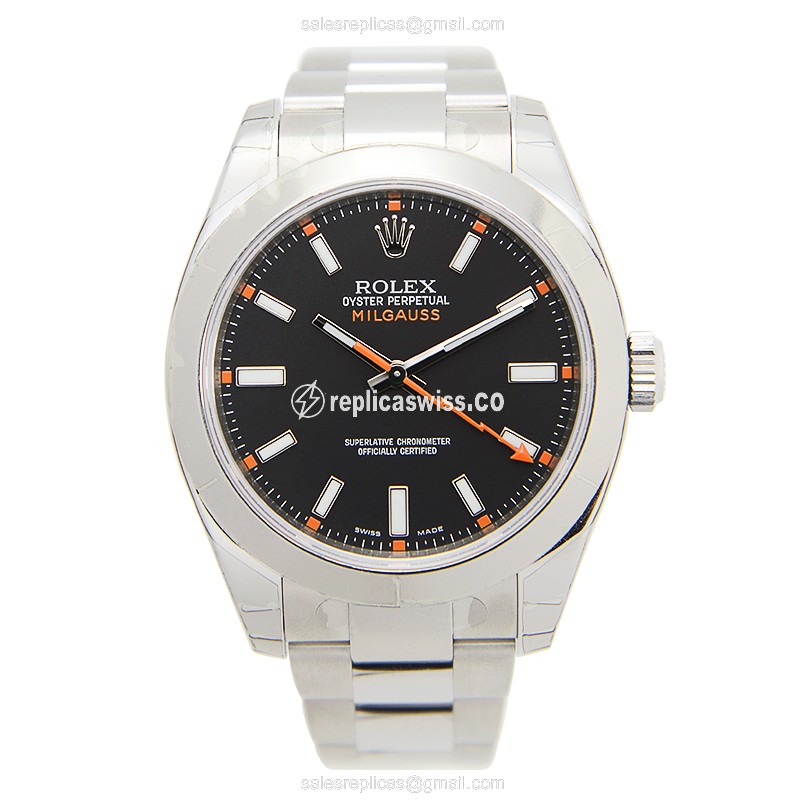 Rolex MILGAUSS Replica: Automatic - Black - Steel Case, Silver Clasp - View 2