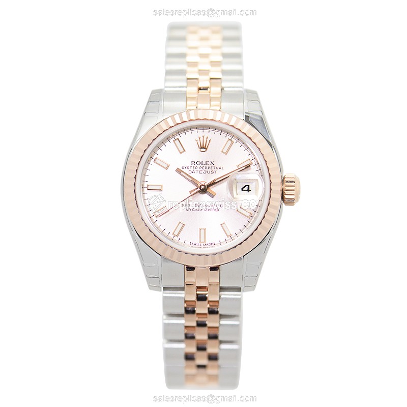 Rolex Lady Datejust Replica - Automatic - Pink Dial - 18kt Rose & Steel - Silver Strap - View 2