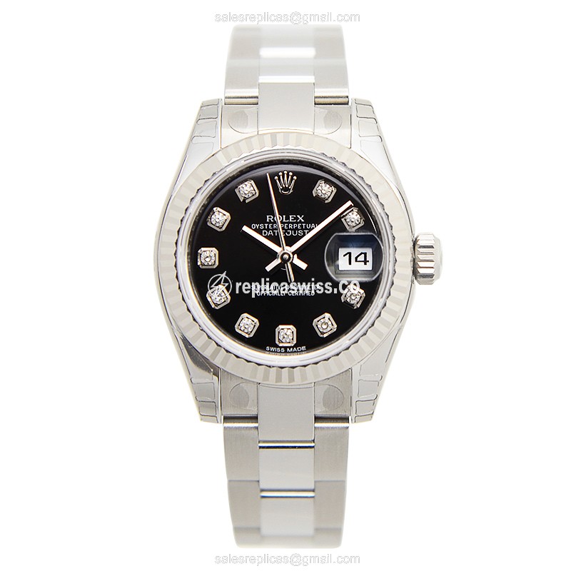 Rolex Lady Datejust Replica - Automatic - 18kt White Gold - Black Dial - Steel Band - View 2
