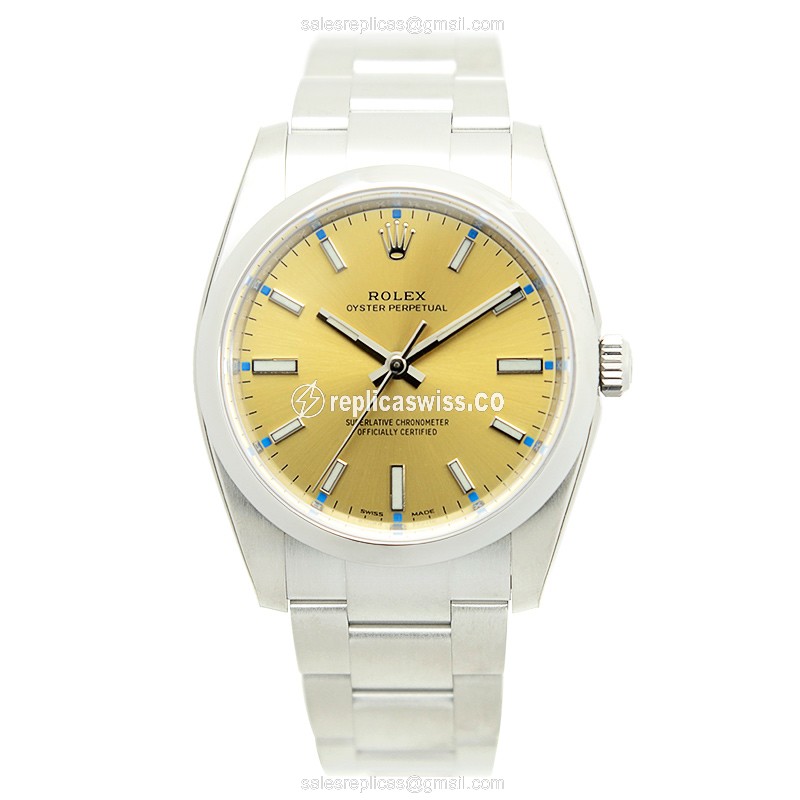 Rolex OYSTER PERPETUAL Replica - Automatic - Gold Dial on Silver Steel Strap - View 2