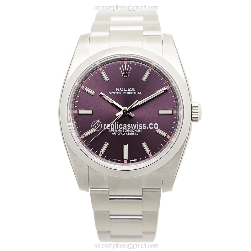 Rolex 114200PUR_O OYSTER PERPETUAL Replica - Automatic - Steel Case, Purple Dial on Silver - Steel Clasp & Strap - View 2