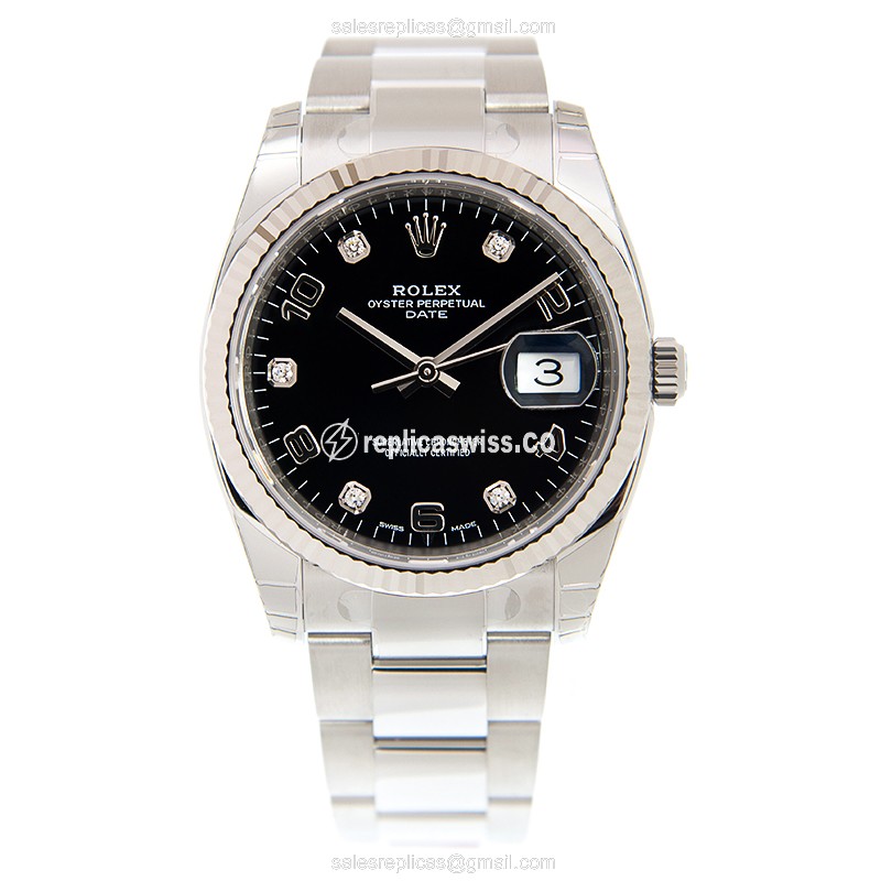 Rolex Datejust Replica | Automatic | 18kt White Gold | Black Dial | Silver Clasp & Steel Strap - View 2