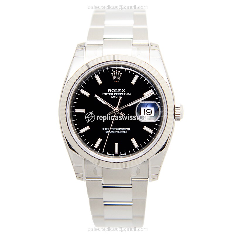 Rolex DATEJUST Replica - Automatic - White Gold - Black Dial, Steel Clasp & Strap - View 2