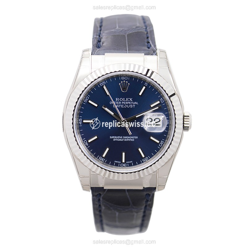 Rolex OYSTER PERPETUAL Replica - Automatic - 18kt Gold - Blue Dial, Alligator Strap - View 2