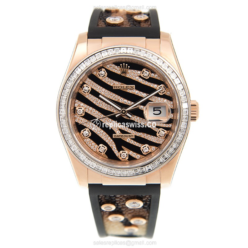 Rolex Datejust Replica - Automatic - 18kt Rose Gold Case - Black Dial on Black Rubber Strap - View 2