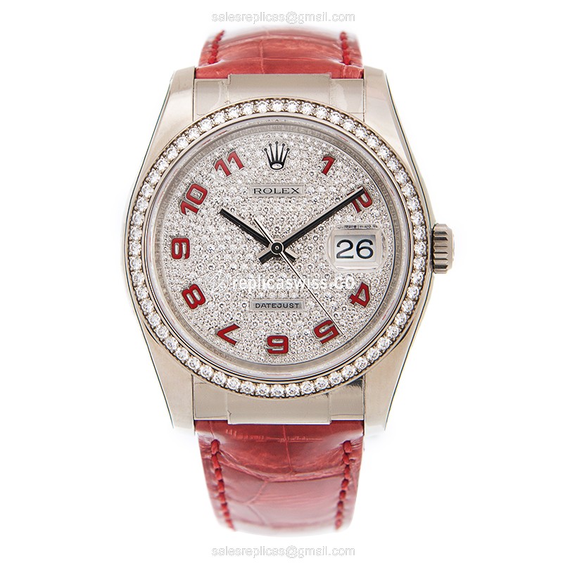 Rolex Lady Datejust Replica - 18kt White Gold - Diamond Case - Silver Dial - Automatic - Red Alligator Strap - View 2