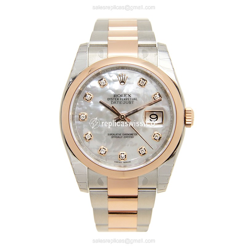 Rolex Datejust Replica - Automatic - 18kt Rose Gold & Steel Case - White Dial, Silver Clasp & Strap - View 2
