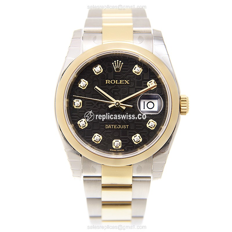 Rolex Datejust Replica - Automatic - 18kt Gold & Steel - Black Dial, Gold Clasp - View 2