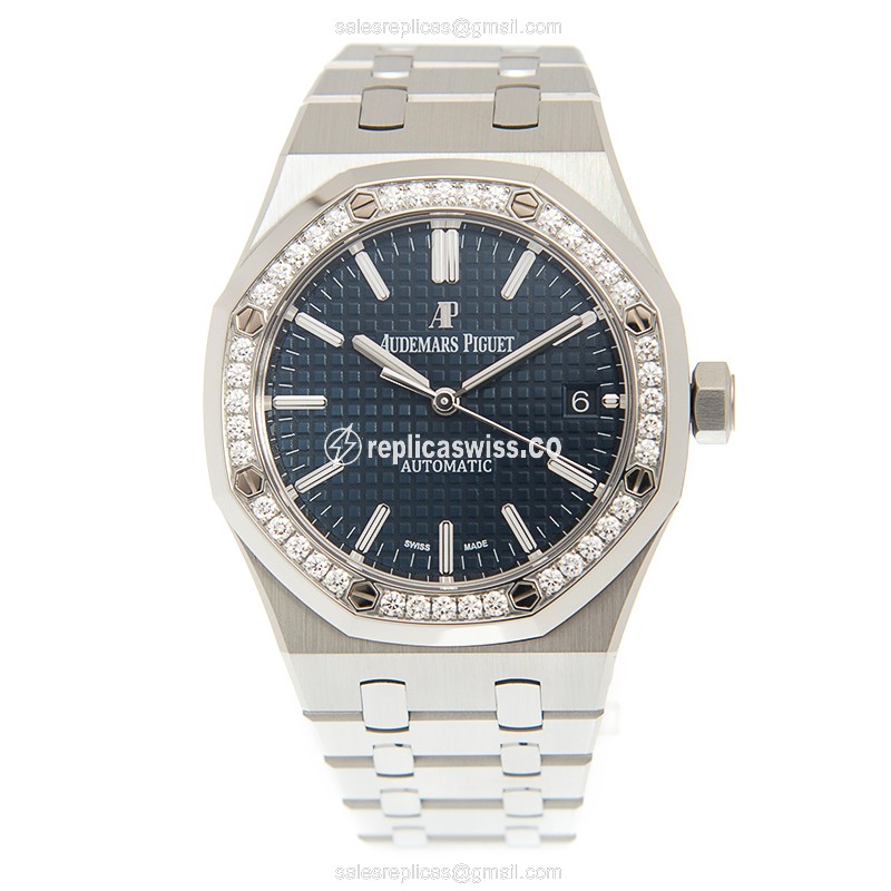 Audemars Piguet Royal Oak Replica - Automatic - Diamond Case - Blue Dial - Silver Steel Strap - View 2