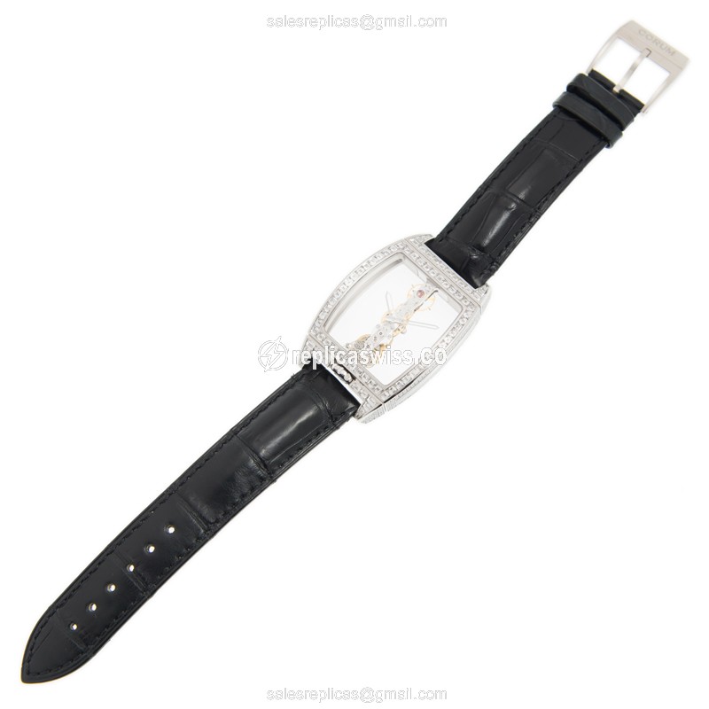 Corum BRIDGE Replica - Manual Wind - 18kt White Gold - Diamond - Transparent - Black Alligator Buckle - View 2