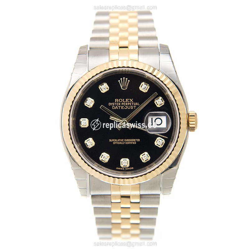 Rolex DATEJUST Replica - Automatic - 18kt Gold Case - Black Dial, Gold Strap - View 2
