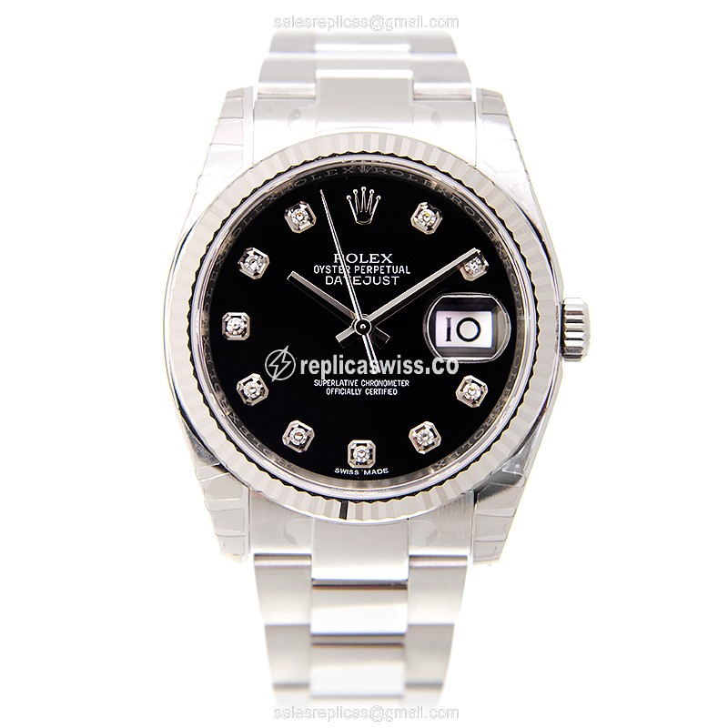 Rolex Datejust Replica - Automatic - 18kt White Gold - Black Dial - Silver Steel Strap - View 2