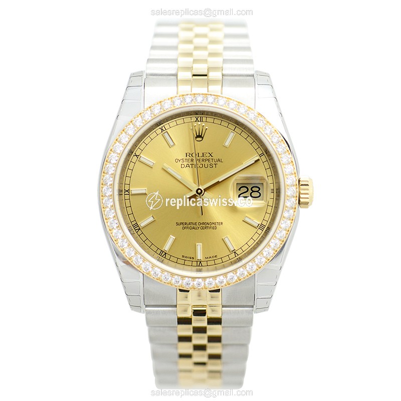 Rolex Datejust Replica - Automatic - 18kt Gold - Diamond Bezel - Silver Dial - View 2