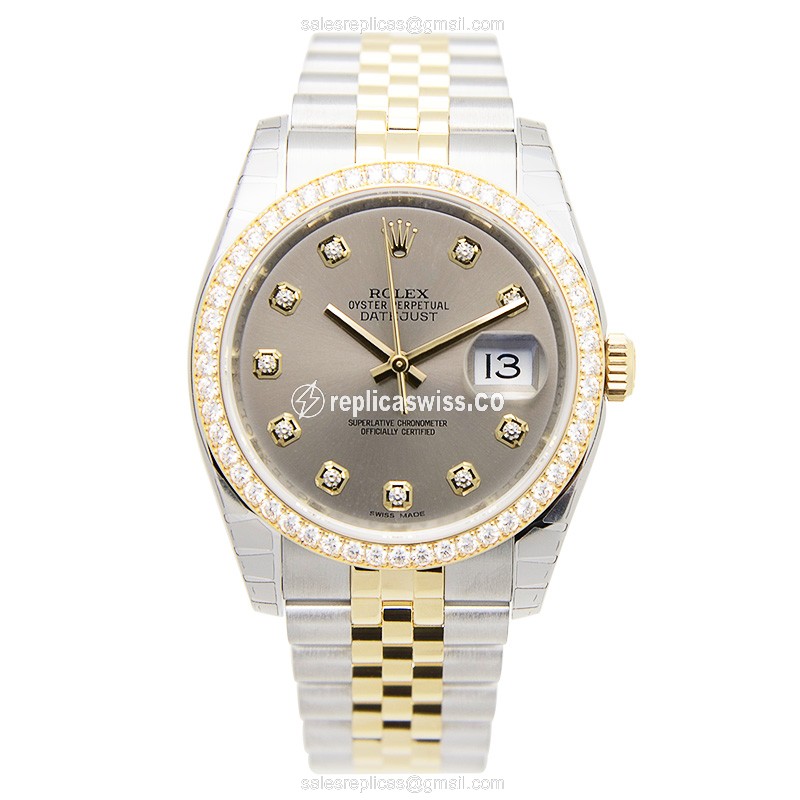 Rolex DATEJUST Replica - Automatic - 18kt Gold - Diamond Bezel - Gray Dial - View 2