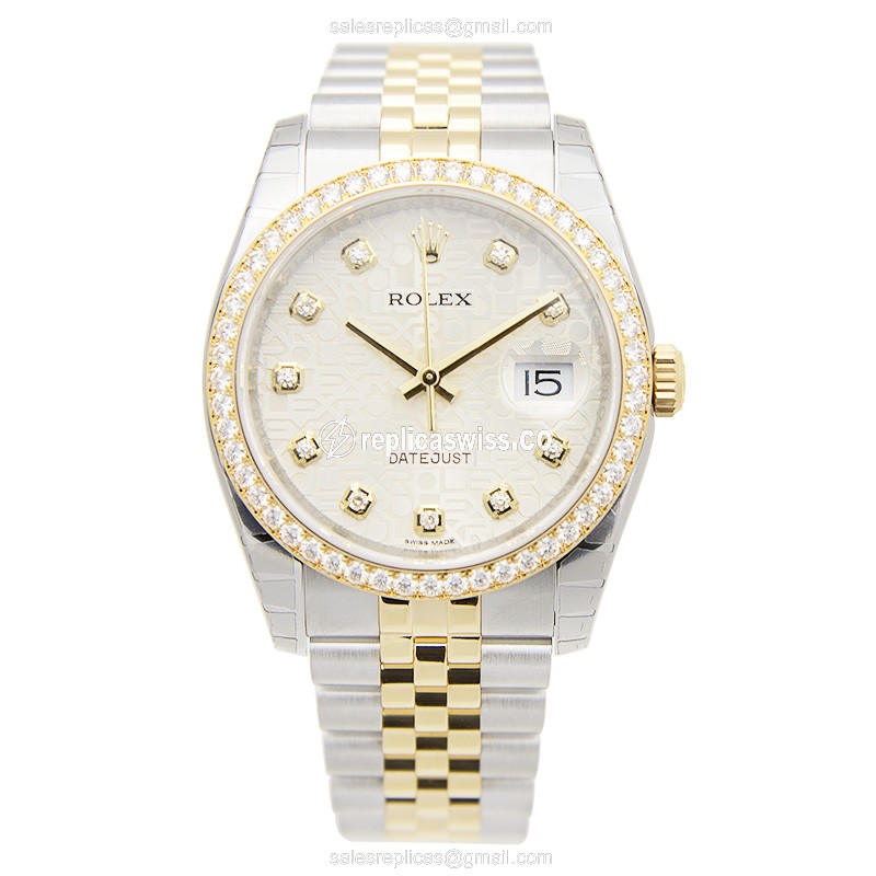 Rolex DATEJUST Replica - Automatic - 18kt Gold & Diamond - Steel Case - Silver Dial - View 2