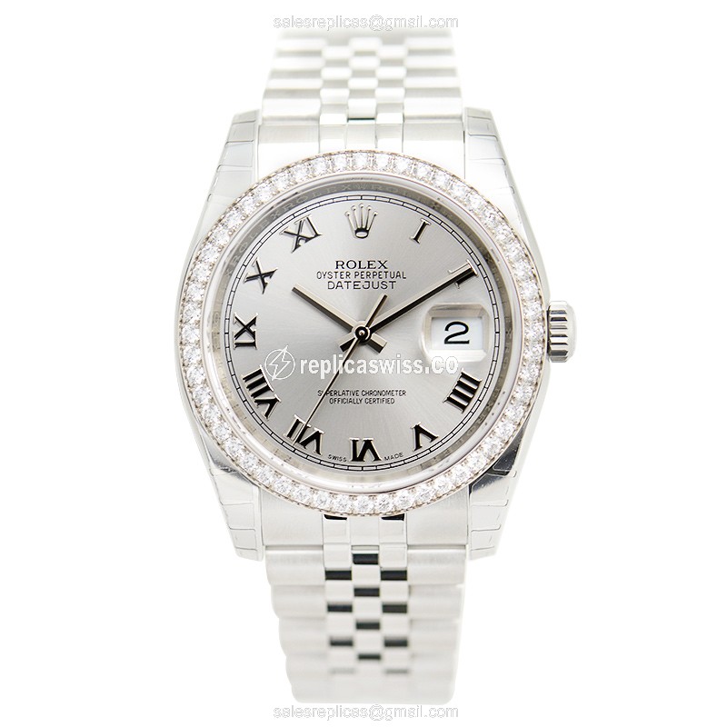 Rolex Datejust Replica - Automatic - Stainless Steel - Diamonds - Gray Dial - Silver Clasp - View 2