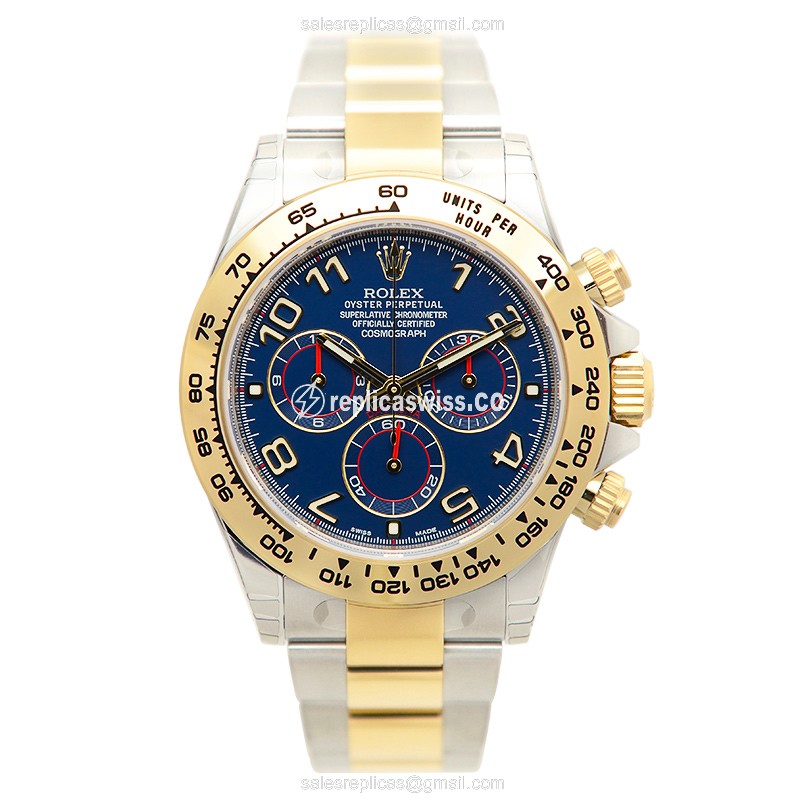 Rolex Daytona Replica - Automatic - 18kt Gold & Steel - Blue Dial, Clasp & Gold Strap - View 2