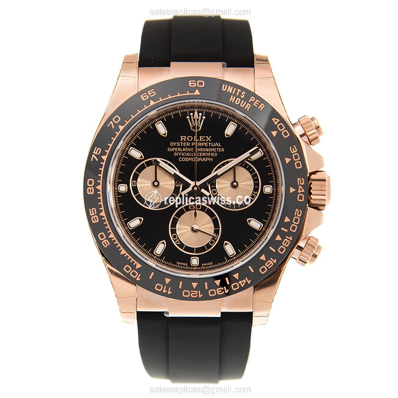 Rolex Daytona Replica - 18kt Rose Gold - Automatic - Black Dial - Rubber Strap - View 2