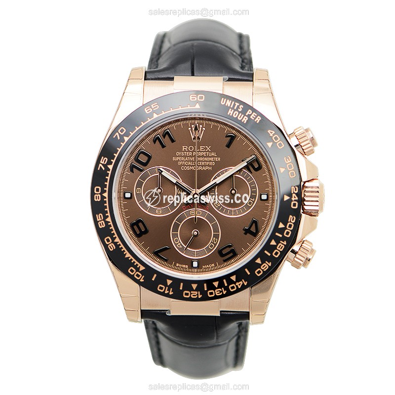 Rolex Daytona Replica: Automatic - 18kt Rose Gold - Brown Dial - Alligator Black Strap - View 2