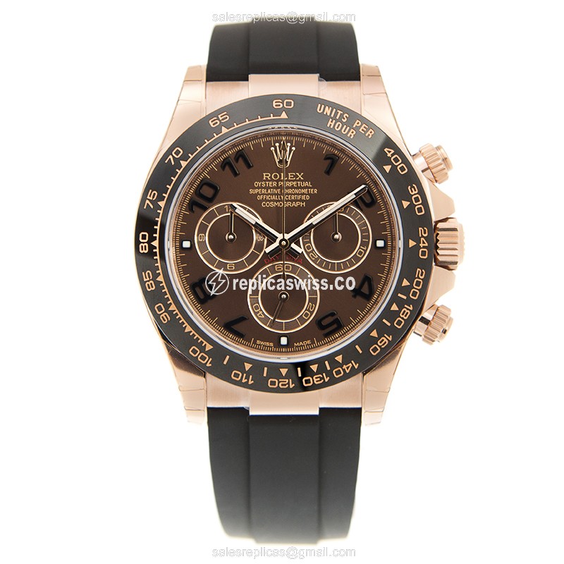 Rolex Daytona Replica - Auto - Rose Gold - Brown - Rubber - View 2