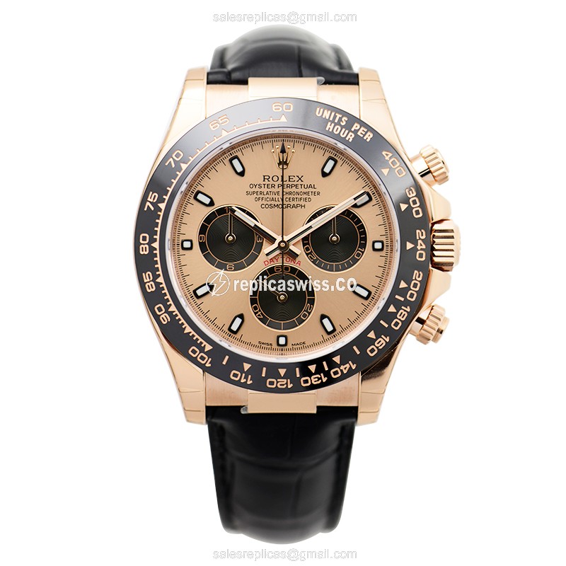 Rolex Daytona Replica - Automatic 18kt Gold - Pink Dial - Black Leather Strap - View 2