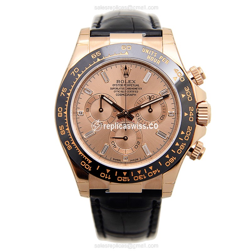 Rolex Daytona Replica - Automatic - 18kt Rose Gold - Pink Dial, Black Leather Strap - View 2