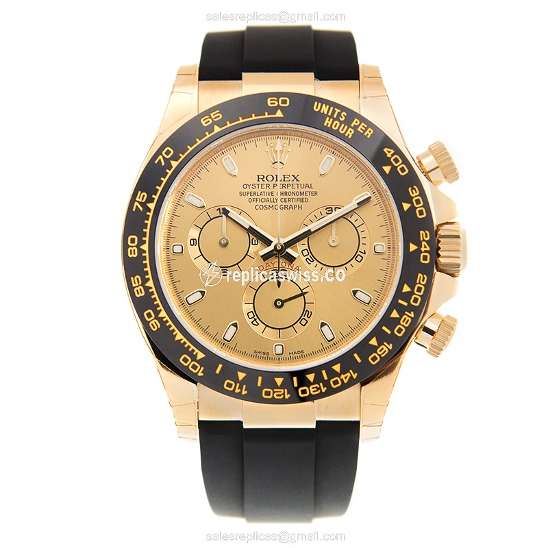 Rolex Daytona Replica - Automatic | 18kt Yellow Gold | Gold Dial | Rubber Strap - View 2