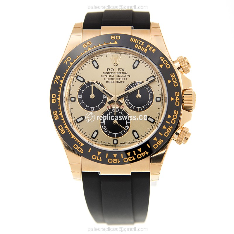 Rolex Daytona Replica - 18kt Gold Case - Automatic - Gold Dial - Rubber Strap - View 2