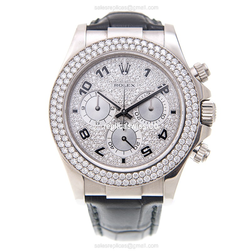 Rolex Daytona Replica - Automatic - 18kt White Gold - Diamond Case - Silver Dial - View 2