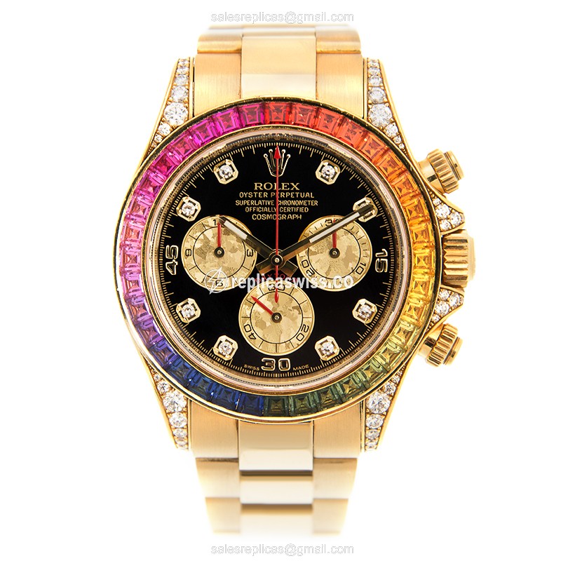 Rolex Daytona Replica - Automatic - 18kt Gold - Diamond Bezel - Black Dial - View 2