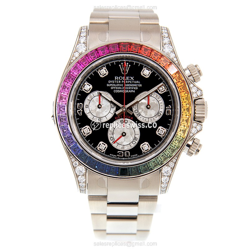 Rolex Daytona Replica - 18kt White Gold - Diamond Case - Black Dial - Automatic - Silver Clasp - View 2