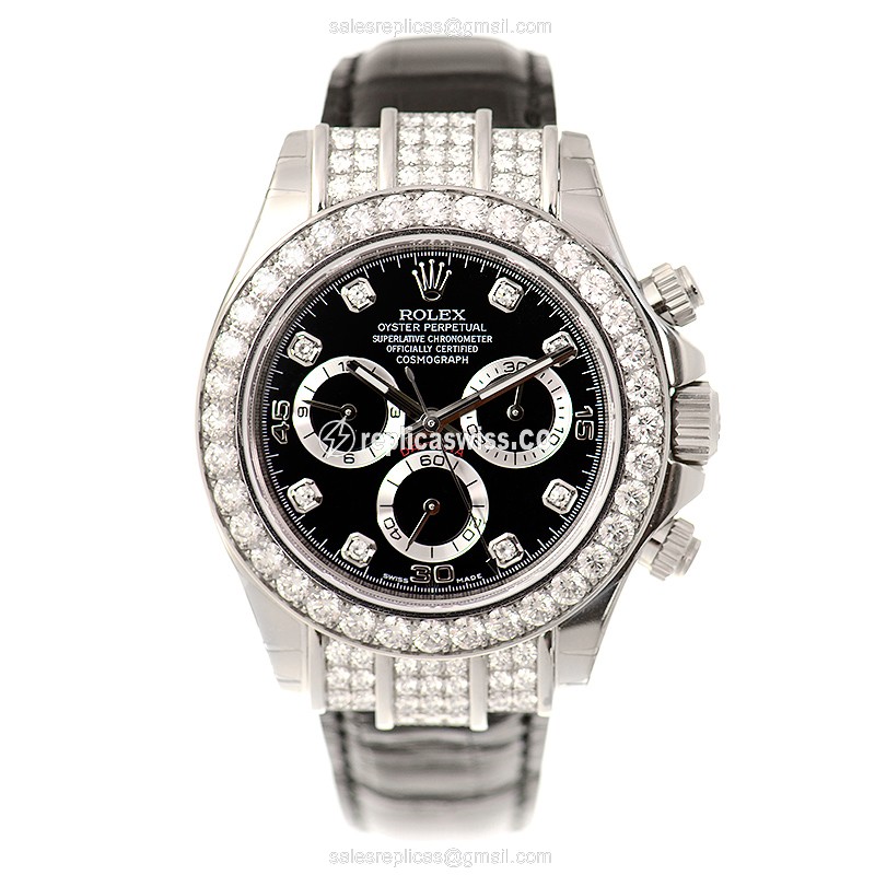 Rolex Daytona Replica - Automatic - 18kt White Gold - Diamond Bezel - Black Dial - View 2