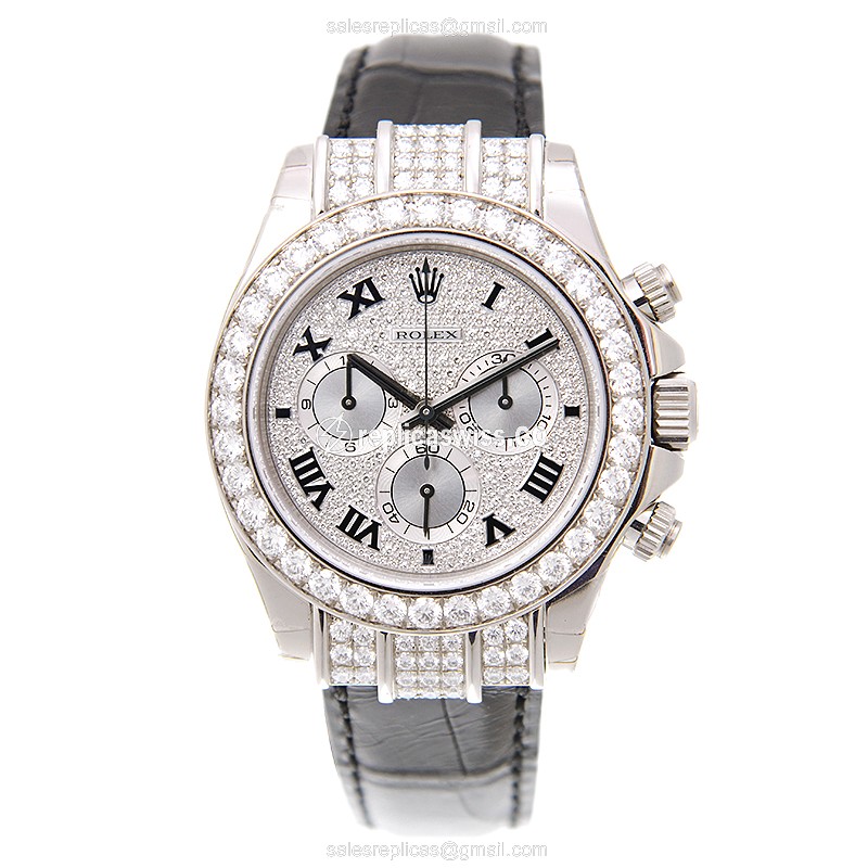 Rolex Daytona Replica - White Gold Case - Diamond Bezel - Silver Dial - Automatic Clasp - View 2