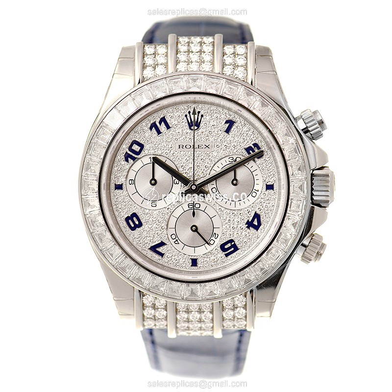 Rolex Daytona Replica - 18kt White Gold - Diamond Bezel - Silver Dial - Blue Alligator Strap - View 2