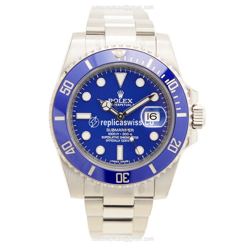 Rolex Submariner Replica - Automatic - Blue Dial, 18kt Gold Case - Silver Strap - View 2