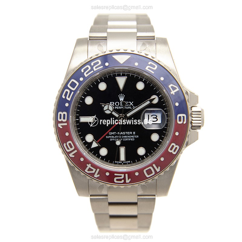 Rolex GMT-MASTER II Replica - 18kt Gold - Black Dial - Automatic - Silver Strap - View 2
