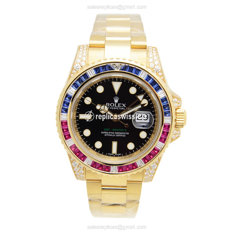 Rolex GMT-MASTER II Replica - Automatic - 18kt Gold - Black Dial on Steel Strap - View 2