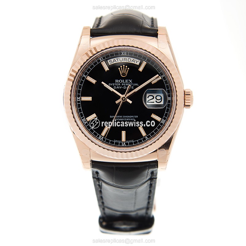 Rolex DAY-DATE Replica - 18kt Rose Gold Case - Black Dial - Automatic Movement - View 2