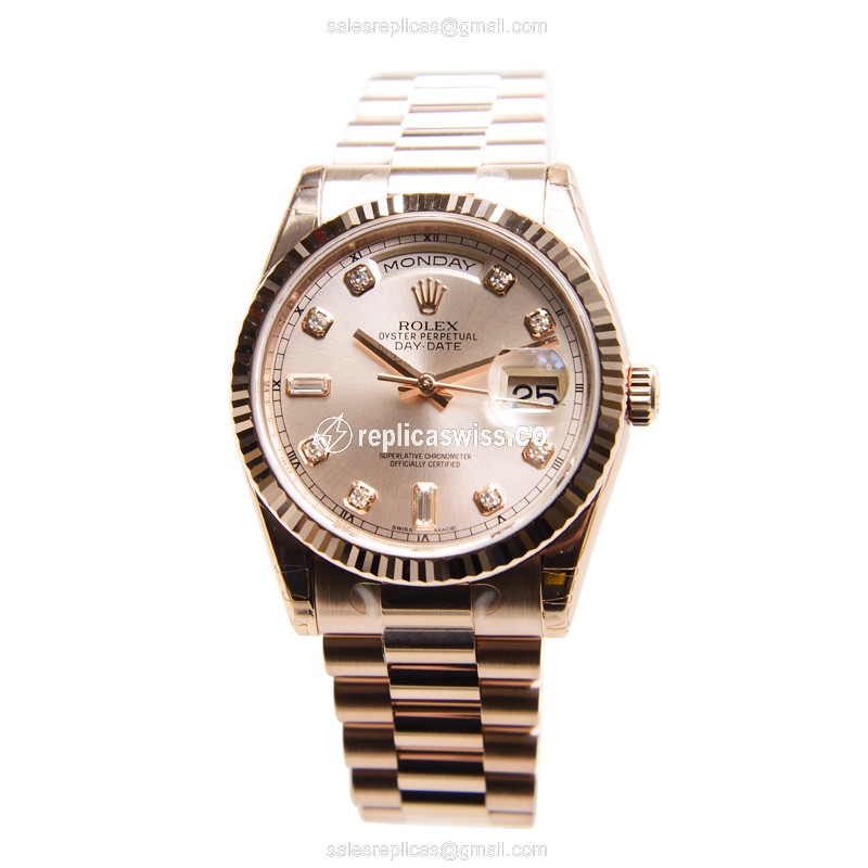 Rolex DAY-DATE Replica | Automatic | 18kt Gold Case, Pink Dial | Gold Clasp, Gold Strap - View 2