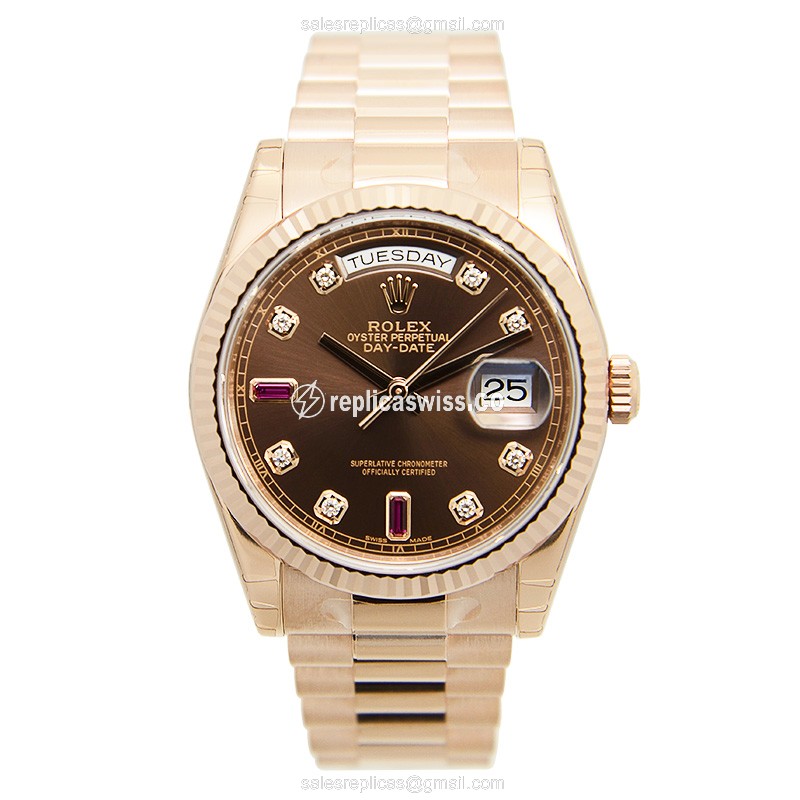 Rolex Day-Date Replica - 18kt Gold Case - Brown Dial - Automatic - Pink Gold Strap - View 2