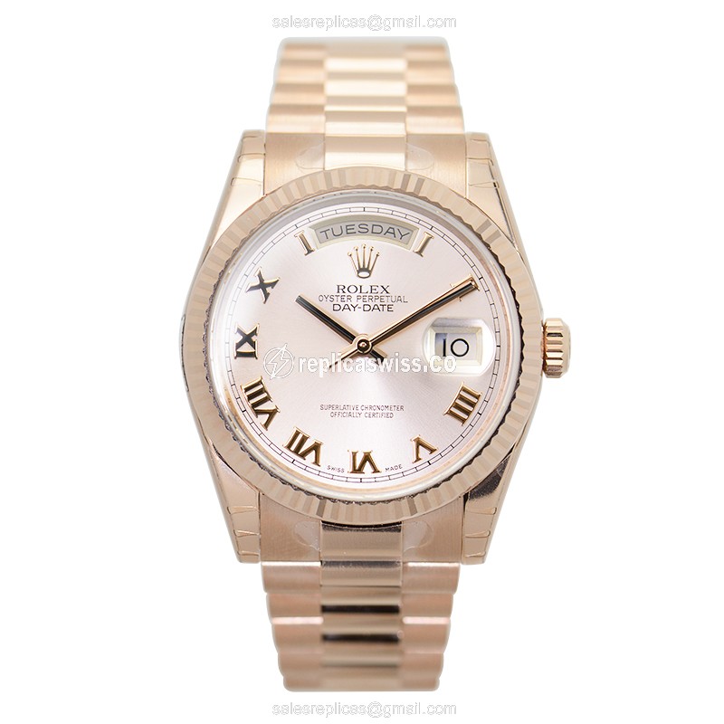Rolex DAY-DATE Replica | Automatic | 18kt Gold Case | Pink Dial, Gold Clasp & Strap - View 2